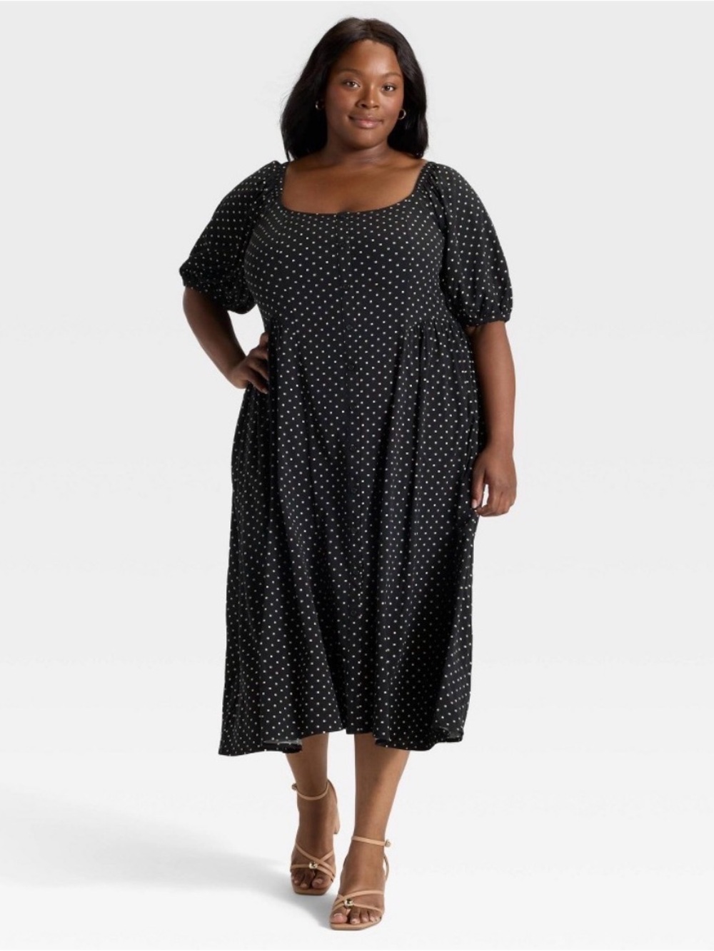 Women's Balloon Short Sleeve MIDI Button-up Dress - Ava & Viv™ Black Dots 4X
